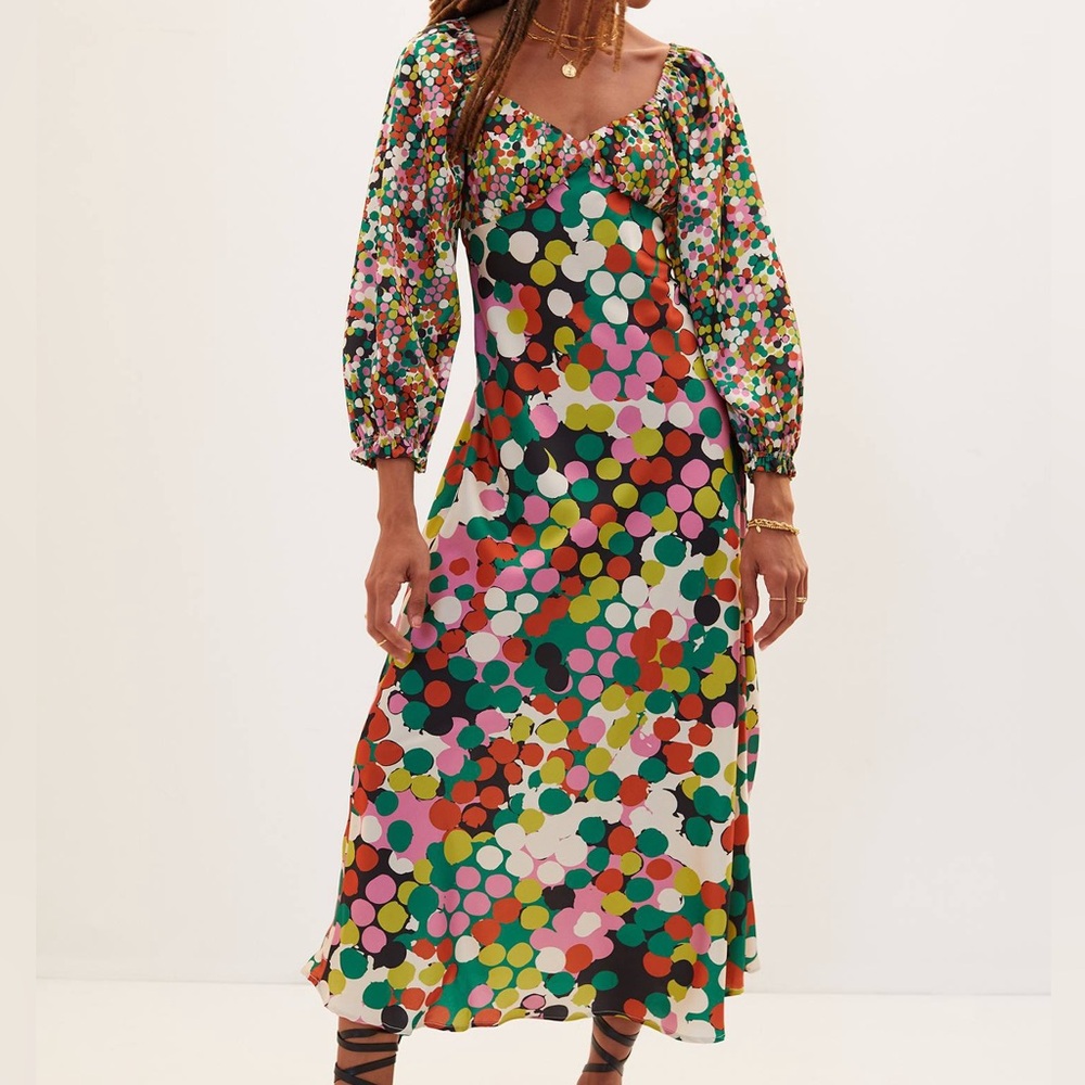Anthropologie Women Pink Red Polka Dots Puff-Sleeved Maxi  Classic Dress Small
